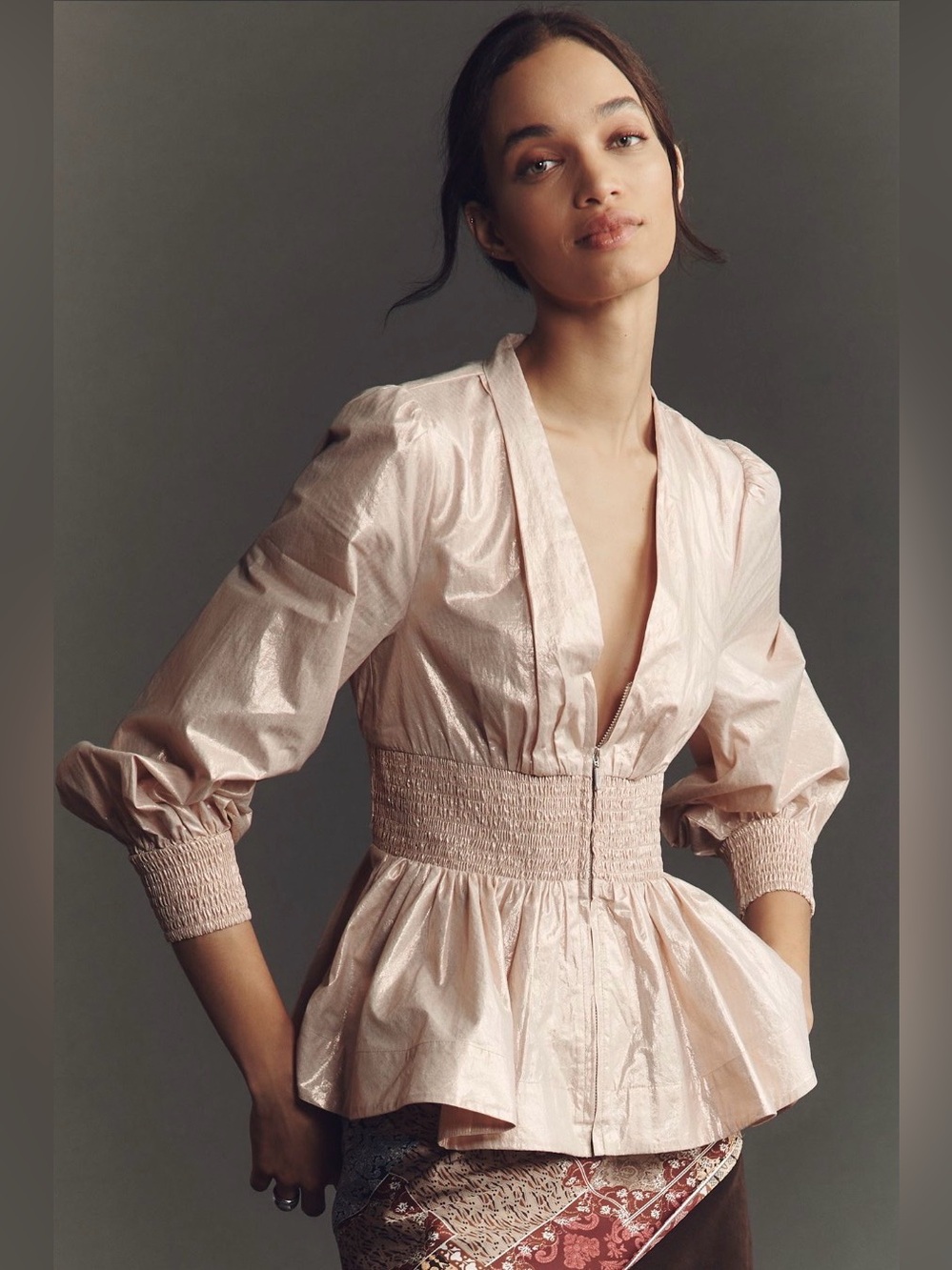 Anthropologie Rose Gold Tommie Peplum V-Neck Blouse